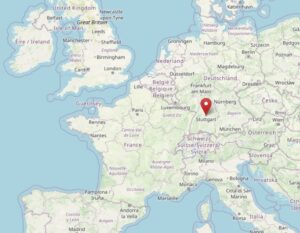 Carte de l'Europe, avec une épingle sur Stuttgart Map of Europe with a pin over Stuttgart Source : OpenStreetMaps