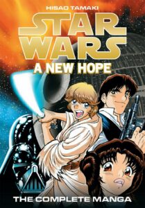 Couverture de la ré-édition de l'adaptation en manga d'Un Nouvel Espoir. Il est écrit Hisao Tamaki en lettres blanches, au-dessus du logo Star Wars en couleur dorée, en-dessous, les personnages dessinés façon manga de Vader, Luke, Han et Leia dans le coin inférieur droit. Ils sont sur un fond d'Étoile Noire. Enfin il est écrit en lettres blanches The Complete Manga