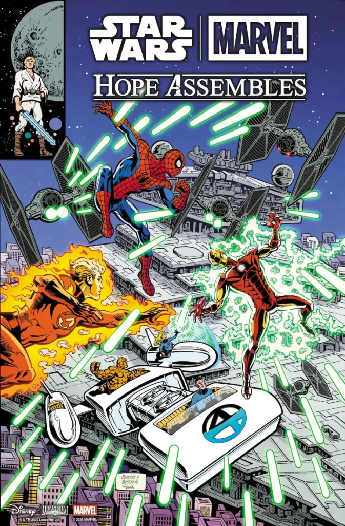 Variant 3 : les héros Marvel (Spidey, les 4 Fantastiques, Iron Man, etc.) affrontant le Destroyer Stellaire de Vader