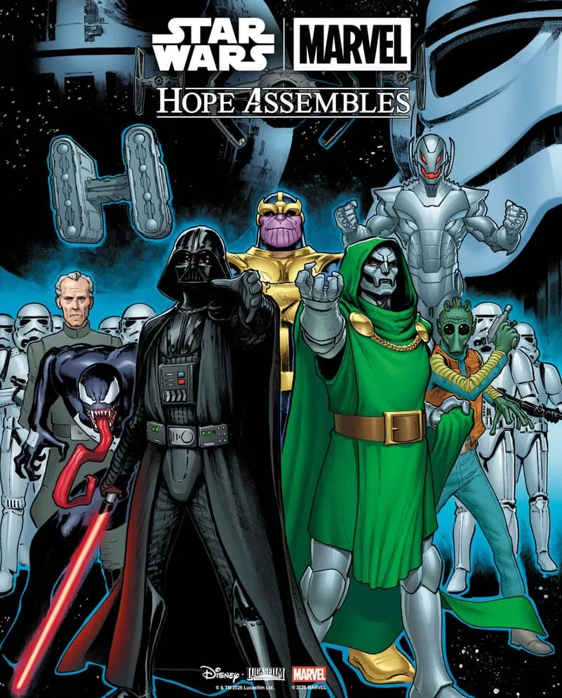 Couverture du Crossover Hope Assemble, avec Vader, Dr Doom, Tarkin, Thanos, Ultron et d'autres méchants/super-vilains