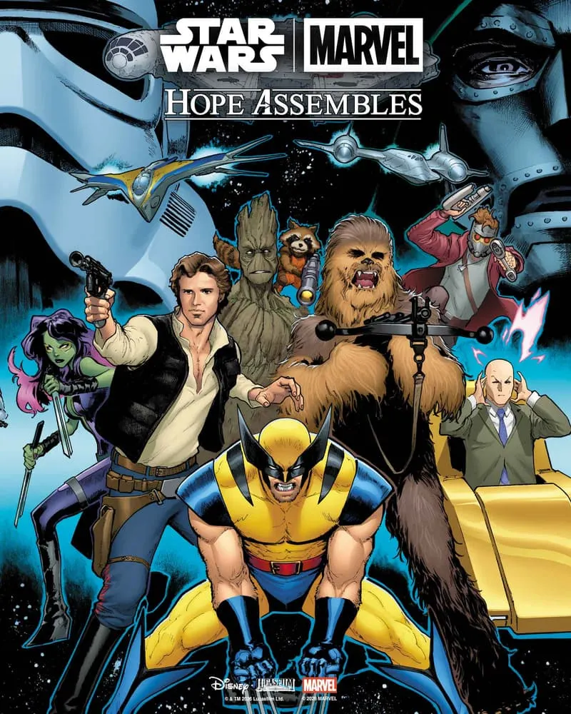 Couverture du Crossover Hope Assemble, avec Han, Chewie, Groot, Wolverine, Professeur Xavier et d'autres héros/super-héros