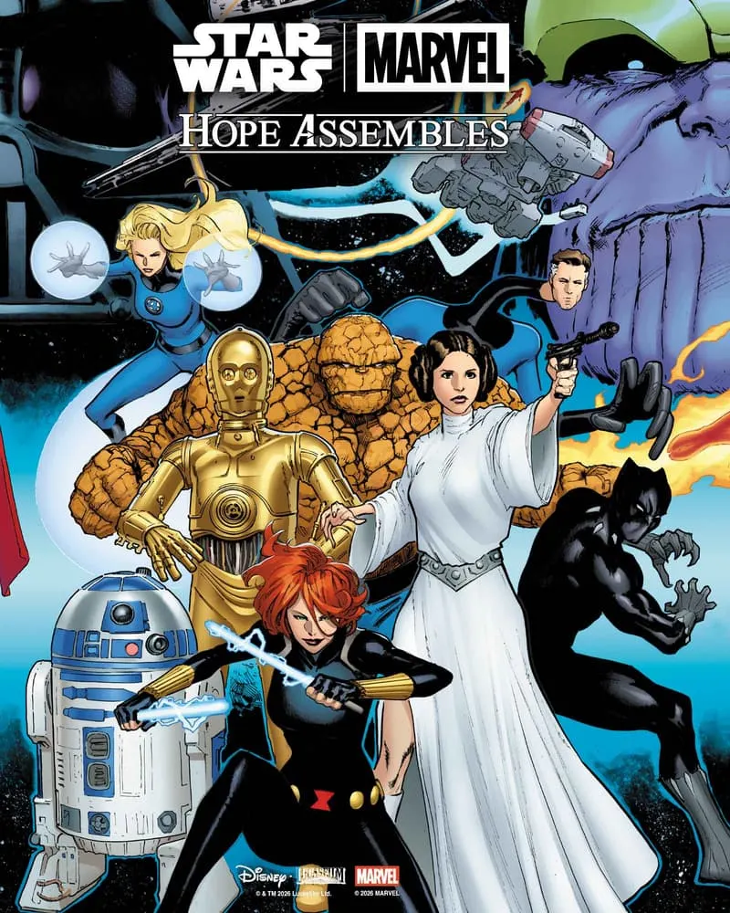 Couverture du Crossover Hope Assemble, avec Leia, C-3PO, R2, Black Widow et d'autres héros/super-héros.