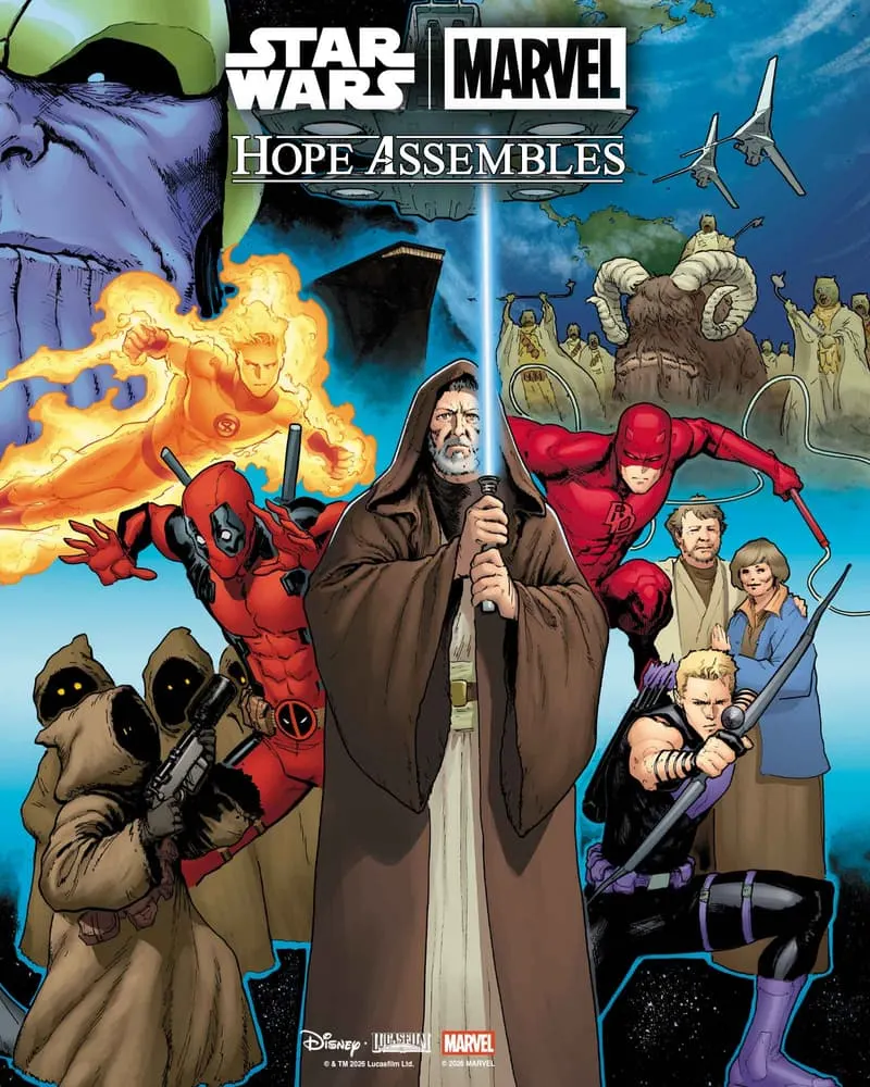 Couverture du Crossover Hope Assemble, avec Obi-Wan, Daredevil, Hawkeye, Deadpool et d'autres héros/super-héros.