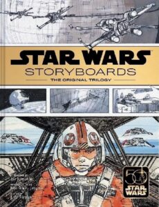 Couverture de l'édition spéciale cinquantième anniversaire de la Saga. Le texte principal est Star Wars - Storyboards - The original trilogy, et aussi le nom des personnes impliquées : JR Rinzler, et Joe Johnston.