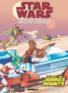 Couverture du comics jeunesse The Race for Jabba's Bounty. On y voit Han Solo et Chewie, mais aussi en bas Jaxxon et en haut Boba Fett. Texte: * en haut au centre : Star Wars Smugglers & Scoundrels * en bas à gauche : le logo de Disney * au centre : le logo de Papercutz * dans le coin inférieur droit : The Race For Jabba's Bounty et en-dessous le nom des auteurs : Cavan Scott et Christian Colbert